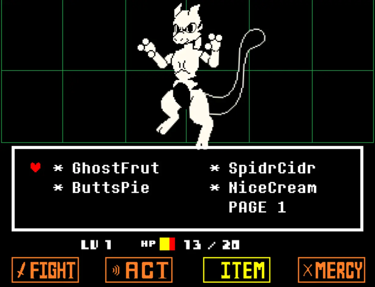 Mewtwo's psychic attacks in Undertale-style bullet hell combat