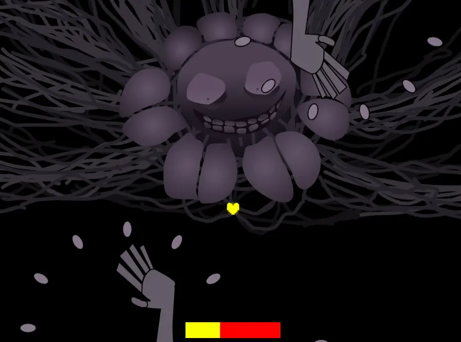 Meta Flowey Fight gameplay screenshot showing the soul phase with destructible red weak points